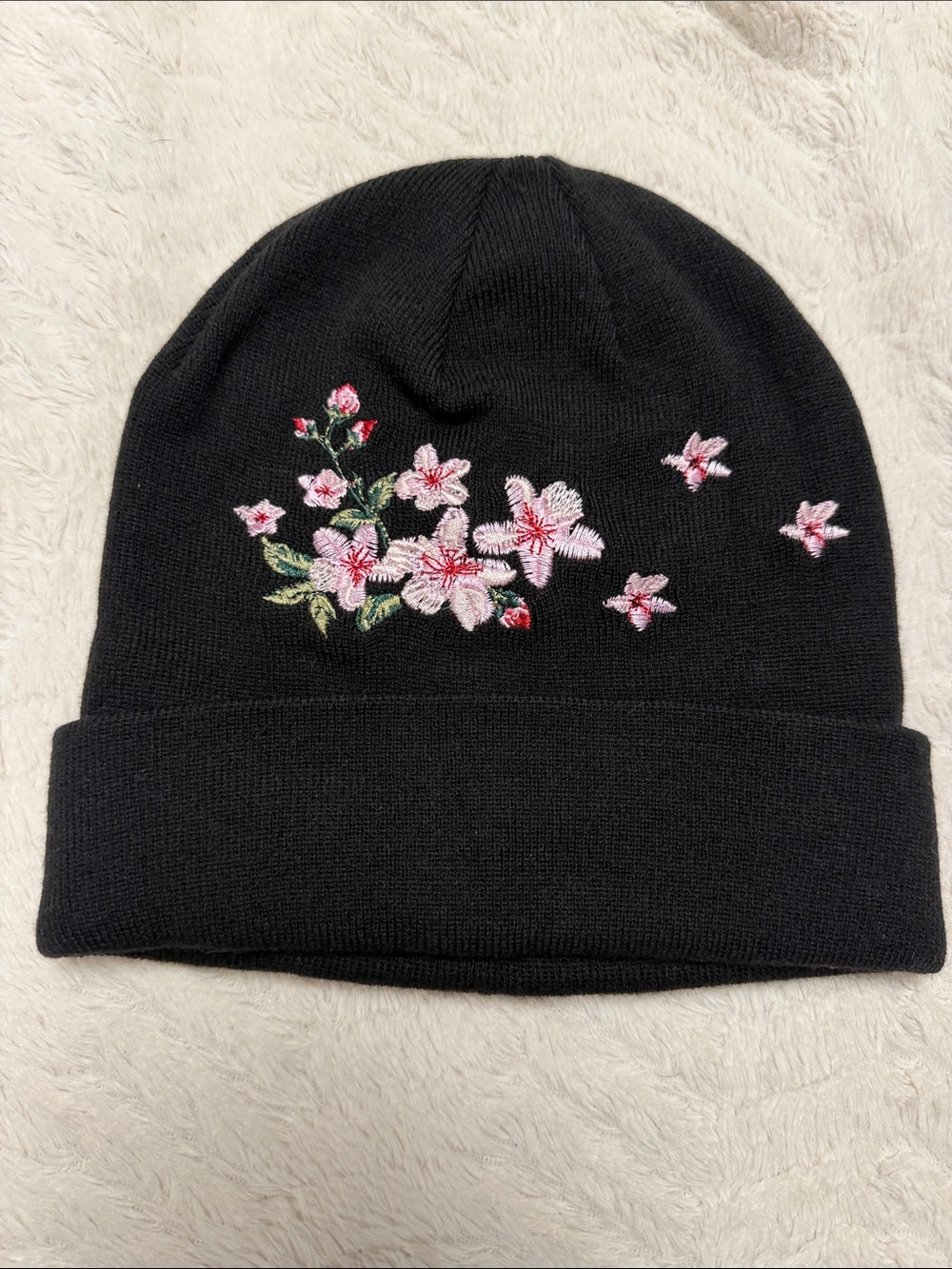 Bass Warm Black with Pink Flowers Embroidered Beanie Winer Hat Like New!